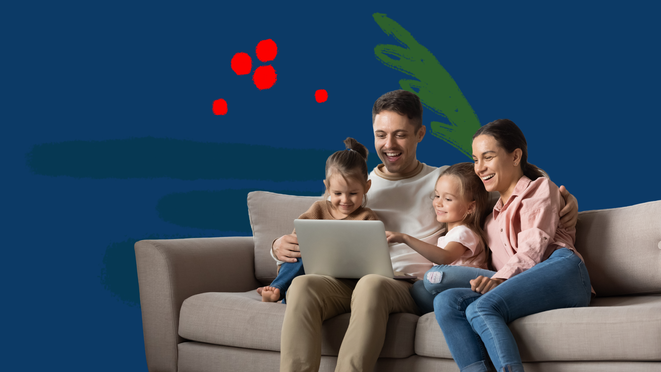 Familienstiftung - Familie auf Sofa mit Blick auf die digitale Stiftung